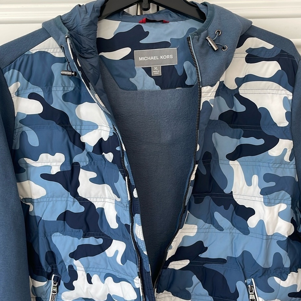 NEW MICHAEL KORS MENS Camo Quilted Nylon Hooded puffer Jacket XL vest blue NWT - Picture 5 of 17